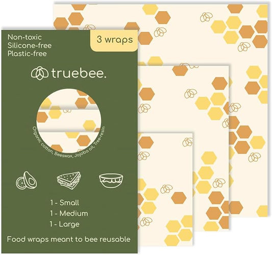 Truebee Reusable Beeswax Food Wraps 3-Pack – Non Toxic, Plastic Free, Silicone Free, Sustainable, Environmentally Friendly, Organic Cotton Beeswax Wraps (S, M, L), Signature Design