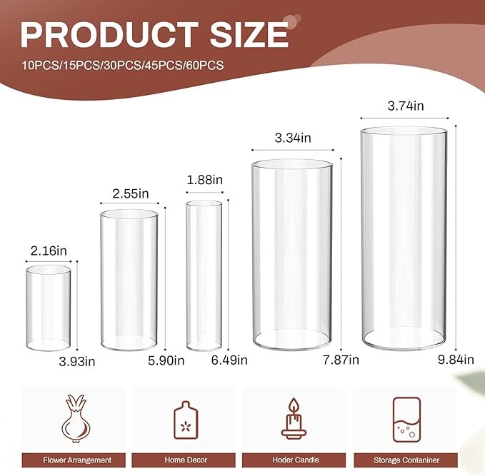 60 Pack Glass Cylinder Vase for Centerpieces, Clear Flower Glass Vases for Wedding Decorations, Hurricane Floating Candle, Holder for Table Centerpiece Wedding Home Décor
