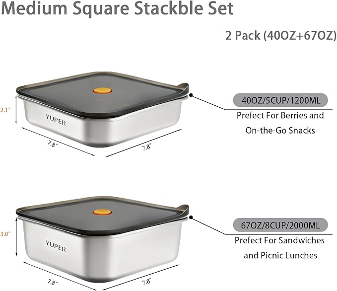 YUPER Stainless Steel Food Containers, Meal Prep Containers, Sandwich Containers, Stainless Steel Containers with Lids Fruit Lunch Snacks Storage, 2 Pack (40+67OZ)