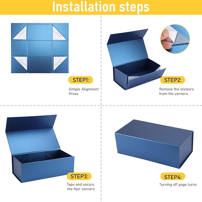 Ditwis 4 Pack 12x6x4 Inches Gift Boxes with Magnetic Closure Lids, Blue Magnetic Box for Wedding, Groomsmen Bridesmaid Proposal, Birthdays, Mother's Day