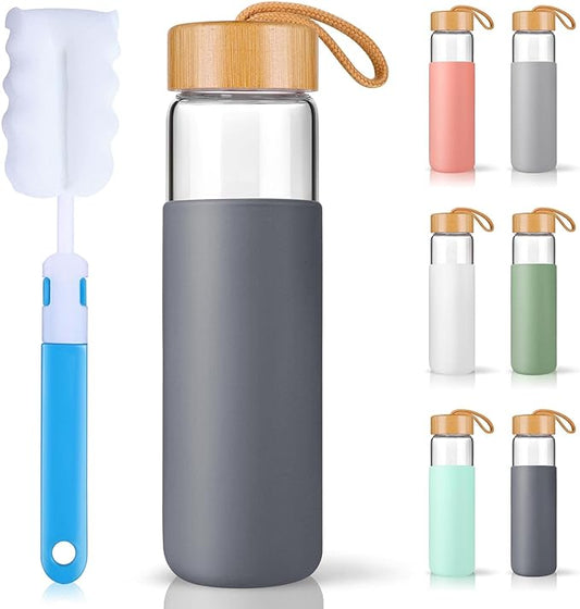 25 Oz Borosilicate Glass Water Bottles with Silicone Sleeve BPA Free, Dishwasher Safe - Reusable Clear Glass Drinking with Leak Proof Bamboo Lid | Perfect Gym Water Bottles for Men & Women