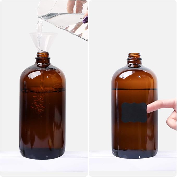 4 Pack 32 oz Amber Boston Round Glass Bottles with Black Caps for Secondary Kombucha Fermentation and Lab Chemicals (1 Funnel and 10 Pieces Black Chalkboard Labels Included)