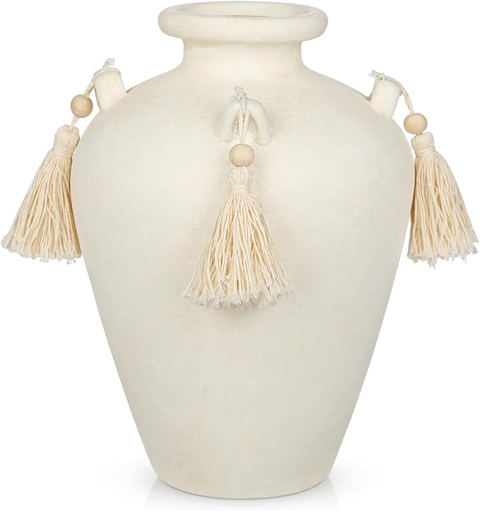 9.4" Large White Ceramic Vase for Centerpieces - Rustic Farmhouse Vase with 4 Ears & Tassels, Terracotta Vintage Flower Vases for Table, Desk, Living Room, Bedroom, Entryway, Holiday & Weddings Decor