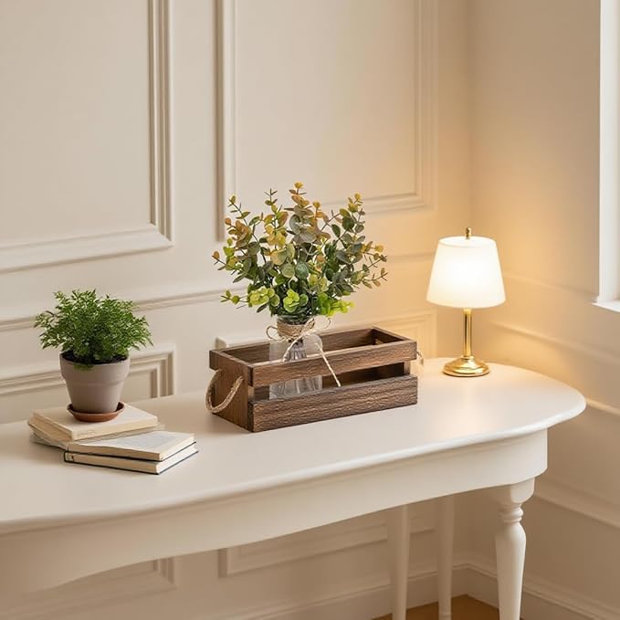 Artificial Eucalyptus Stems in Glass Vase with Faux Water,Combined with Wood Tray Centerpiece Table Decoration,11" Fake Plant with Orange-Green Leaves for Home Decor