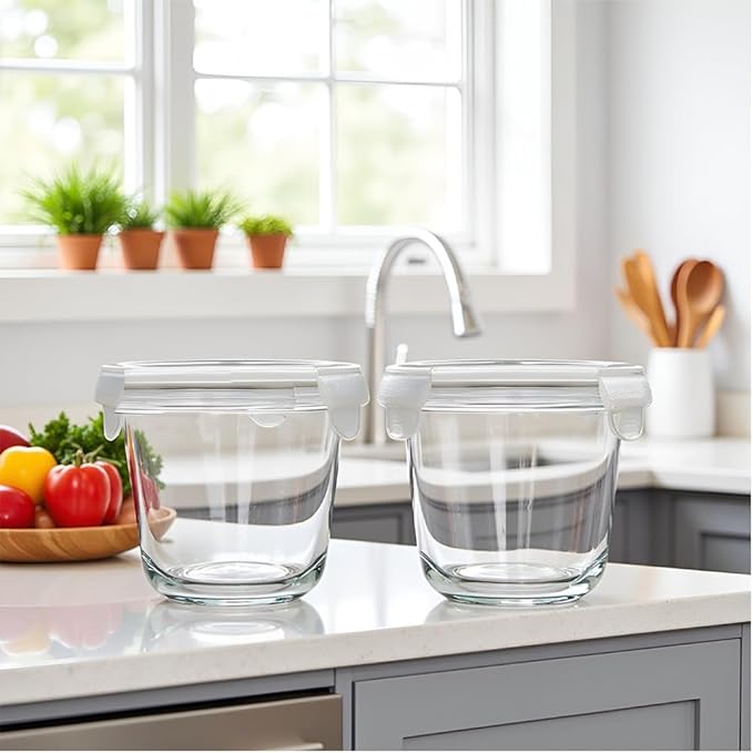 24 Oz Round Glass Food Storage Container, 3 Cup Round Glass Soup Container with Airtight Lids BPA free, Leak proof Borosilicate Storage bowls, Dishwasher Microwave Freezer Safe (2 Pack)