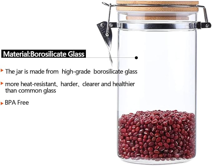 KKC Clear Borosilicate Glass Food Storage Jar Canister Container with Airtight Locking Clamp Bamboo Lid,Coffee Bean,Loose Tea,Nut Container,Sealed Jar Hinged Lid for 16oz Coffee Bean,40 Fluid-oz
