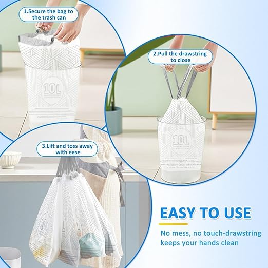 OKKEAI 2.6 Gallon Drawstring Trash Bags, White Small Bathroom Garbage Bags – 90 Count Tear-Free, Heavy Duty Printed Liners, Leak-Proof White Trash Bag for Kitchen, Office, Multipurpose Use