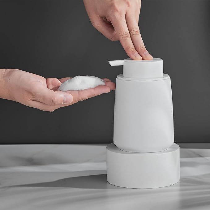 White Foam Hand Soap Dispenser - 12Oz Ceramic Foaming Soap Dispenser with Easy-to-Press Black Pump, Reusable and Refillable Liquid Lotion Dish Soap Dispensers for Bathroom, Kitchen (Rubber Paint)