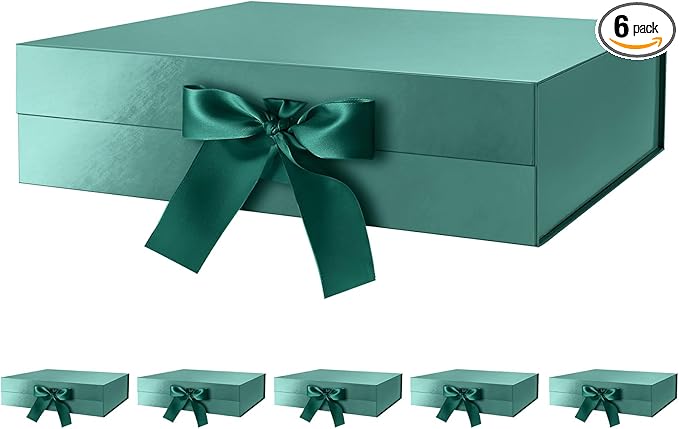 GREEN BEAN 6 Large Gift Boxes with Lids for Presents 13x9.7x3.4 Inches, Gift Box Green Magnetic Gift Boxes with Ribbon, Bridesmaid Proposal Box, Luxury Gift Boxes (Glossy Green)