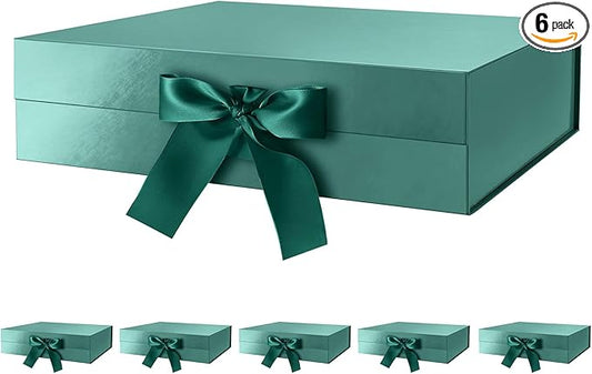 GREEN BEAN 6 Large Gift Boxes with Lids for Presents 13x9.7x3.4 Inches, Gift Box Green Magnetic Gift Boxes with Ribbon, Bridesmaid Proposal Box, Luxury Gift Boxes (Glossy Green)