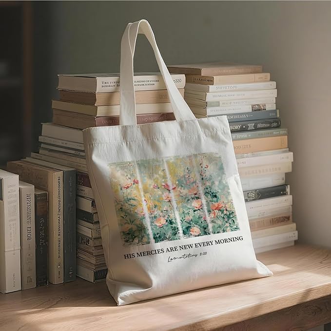 Funny Canvas Tote Bag, His Mercies Are New Every Morning Tote Bag, Christian Canvas Totes for Work Traveling, Reusable Grocery Shoulder Shopping Bags, Christmas Gifts to Women Friends
