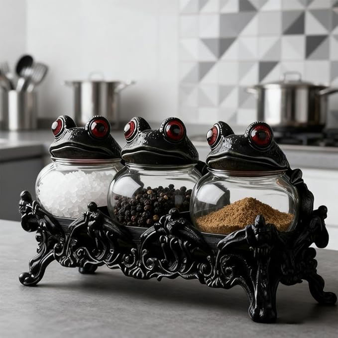 Witchy Frog Apothecary Spice Jars, Handcrafted Vintage Class Apothecary Jars with Frog Lids, Gothic Food Storage Containers, Frogs Spice Jar Fun Salt and Pepper Shakers Seasoning Container
