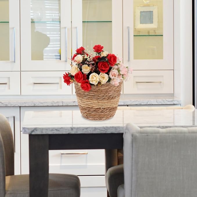 Zerodeko Flower Girl Basket Woven Plant Basket Seagrass Belly Rattan Flower Pot Wicker Planter Pen Pencil Holder Rustic Plant Pot Grocery for Laundry Picnic 18cm Home Decor