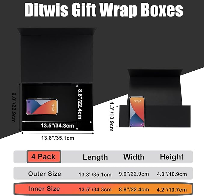 Ditwis 4 Pack 13.8x9x4.3 Inches Gift Boxes with Magnetic Closure Lids, Black Magnetic Box for Wedding, Groomsmen Bridesmaid Proposal, Birthdays, Mother's Day