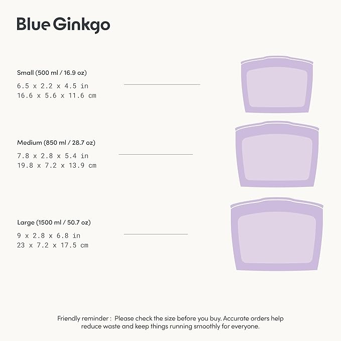 Blue Ginkgo Reusable Silicone Storage Bags – 3-Pack | Korean-Made Stand Up Food, Freezer Bags - Lavender