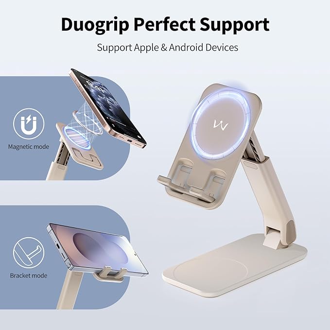 iWALK Magnetic Cell Phone Stand for Desk, Angle and Height Adjustable Mobile Phone Holder, Foldable Magnet Stand for iPhone 17 16 15 14 13 12 Pro Max and iPad, Cell Phone Holder, Light Brown