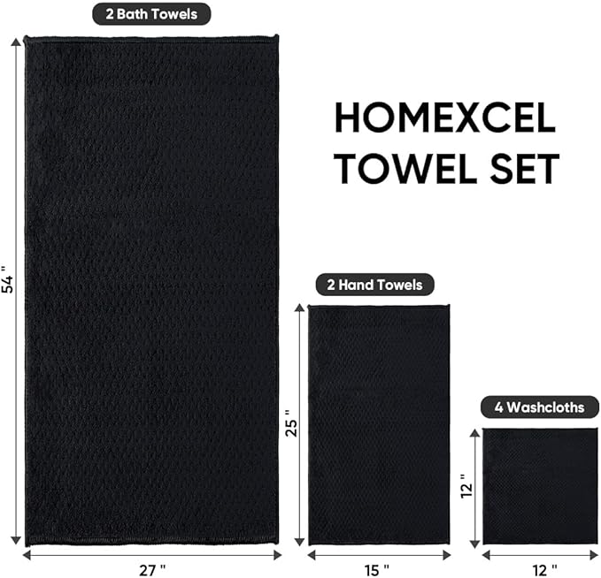 HOMEXCEL 8 Piece Bath Towel Set, Microfiber Bathroom Towel - 2 Bath Towels, 2 Hand Towels, and 4 Wash Cloths, Super Soft, Highly Absorbent Towels for Bathroom, Gym, Hotel, and Spa (Black)