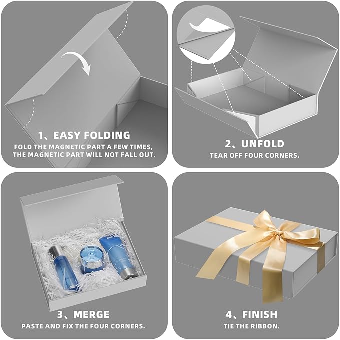 MOZRRO Gift Box 11.5 x 8.2 x 2.3 In Gift Boxes for Presents Magnetic Closure, Gift Boxes with Lids for Presents Birthday Luxury Jewelry T-shirts Gloves Scarves Books Clothes Gift Wrap - Silver