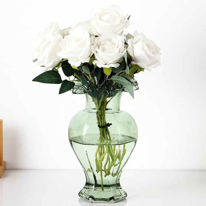 Large Glass Vase, Green Vase for Flowers, Flower Vases for Bouquet, Glass Flower Vases for Living Room, Dining Table, Shelf, Wedding, Office, Coffee Table, 9.5 Inches