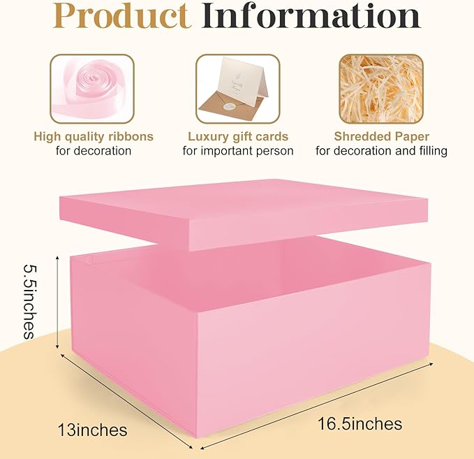 Gift Box, 16.5x13x5.5 inches Large Pink Gift Boxes with Lids for Presents, Birthday Box Contains Card Ribbon Shredded Paper Filler, Gift Wrap Boxes for Valentine Mother's Day Christmas Anniversary