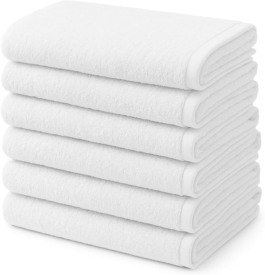 BIOLINEN White Bath Towels 24x48 inches 6 Pack | Ultra Soft, Highly Absorbent | 100% Cotton Towels for Bathroom, Gym, Spa, and Hotel Use