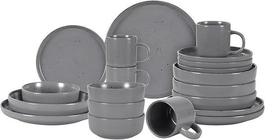 HomeVSS 20-Piece Dinnerware Set - Serves 4, Matte Grey Glaze plates and bowls sets with Speckle Effect for Microwave & Dishwasher Safe
