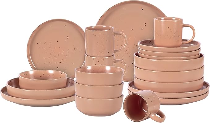 HomeVSS 20-Piece Dinnerware Set - Serves 4, Matte Rose Glaze plates and bowls sets with Speckle Effect for Microwave & Dishwasher Safe