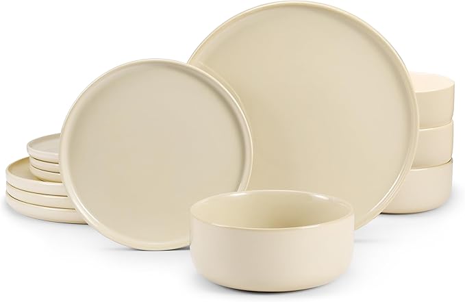 Dinnerware Set, 12 Piece, by Vase and Vessel, Ceramic 10.5” Dinner Plates, 8.2” Salad Plates and 25 oz Soup Bowls, Stoneware, Microwave and Dishwasher Safe, 12 Piece Set, Beige, Somerset Collection