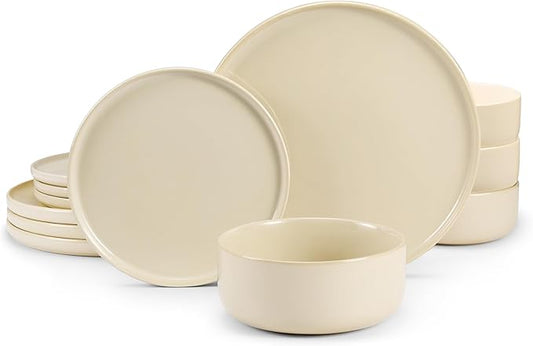 Dinnerware Set, 12 Piece, by Vase and Vessel, Ceramic 10.5” Dinner Plates, 8.2” Salad Plates and 25 oz Soup Bowls, Stoneware, Microwave and Dishwasher Safe, 12 Piece Set, Beige, Somerset Collection