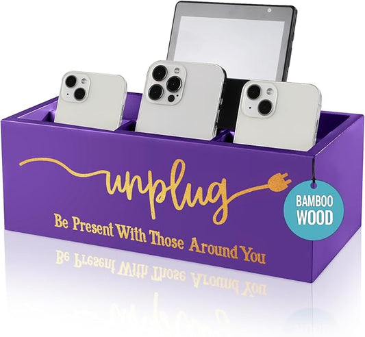 Bamboo Wood Phone Box – Unplug from Phones, Tablets, and Electronics for Study, Meetings, and Family Time, Phone Holder Organizer with Charging Holes, Farmhouse Style, Holds Up to 18 Phones-Purple