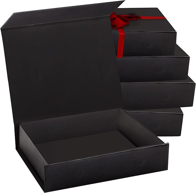 2 Pack Black Hard Gift Box with Magnetic Closure Lid 7" x 5" x 1.6" Rectangle Boxes For Gifts With Black Glossy Finish (Black, 2 Boxes)
