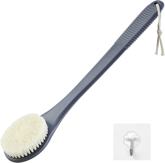 Back Scrubber for Shower, Shower Body Brush for Cleaning with Long Handle for Showering, 17 Inch Back Washer Exfoliator for Shower Men Women with Non-Slip Handle, Adhesive Hook (Gray)