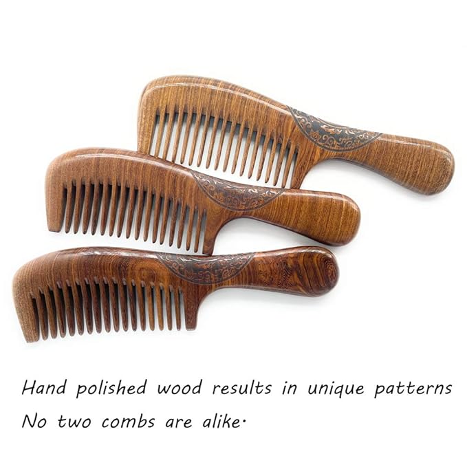 Natural Handmade Sandalwood Comb - Fine Tooth for Wavy, Thick, Thin, Straight Hair, No Static, No Snag, Reduce Tangles for Men, Women, Kids (Auspicious Carve Patterns)