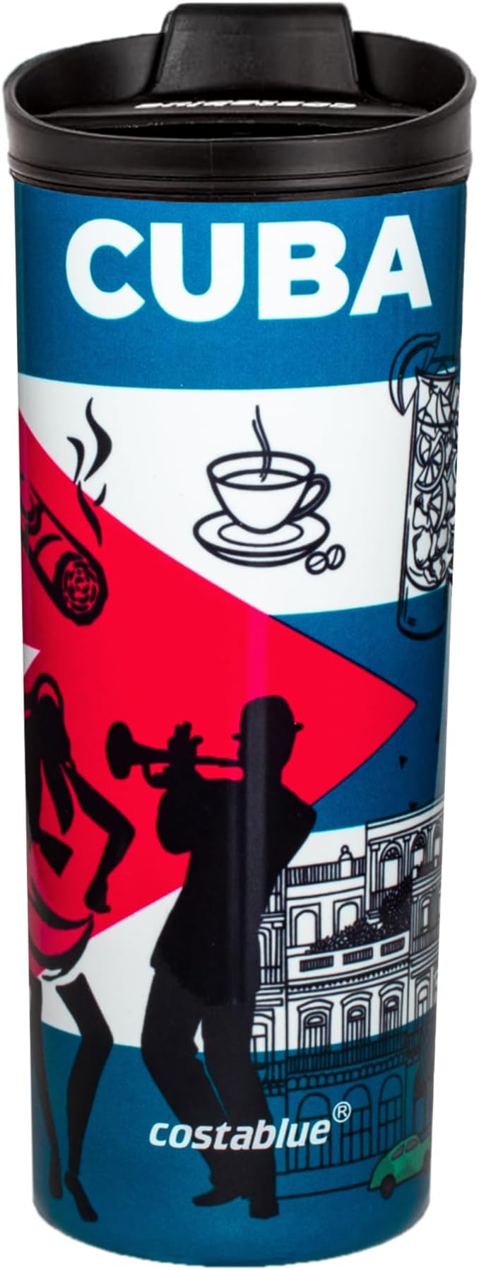 Cuba Vacuum Insulated Stainless Steel Thermal Travel Mug, 16 oz, Easy Clean, Flip leak Proof Lid Cuba Flag with Icons from Cuba…