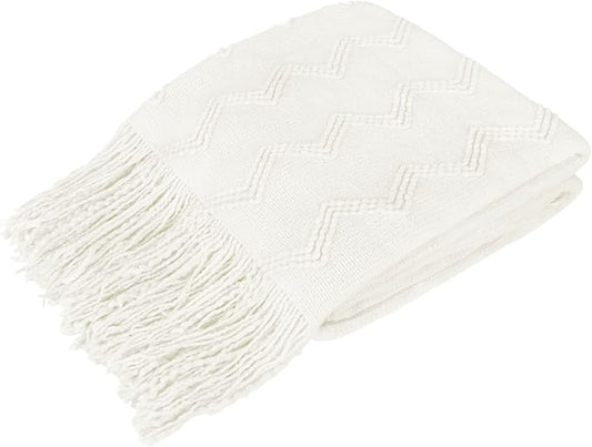 PAVILIA White Knit Throw Blanket for Couch Bed, Soft Knitted Farmhouse Sofa Throw for Living Room, Lightweight Decorative Summer Throw Blanket for Chair, Outdoor Textured Boho Blanket, 50x60