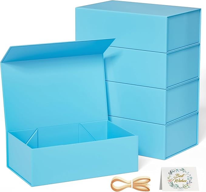 5 Pack Blue Gift Box, 9.5x6x3'' Gift boxes for Presents with Lids Magnetic Closure Rectangle Collapsible for Bridesmaid Proposal Box, Wedding, Christmas, Halloween, Birthday Gift Packging