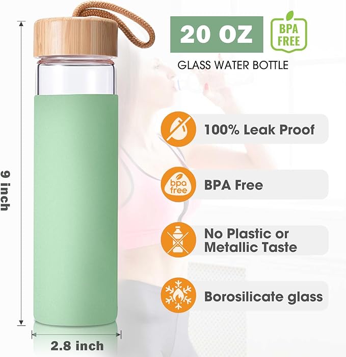 20 Oz Borosilicate Glass Water Bottles with Silicone Sleeve BPA Free, Dishwasher Safe - Reusable Clear Glass Drinking with Leak Proof Bamboo Lid | Perfect Gym Water Bottles for Men & Women