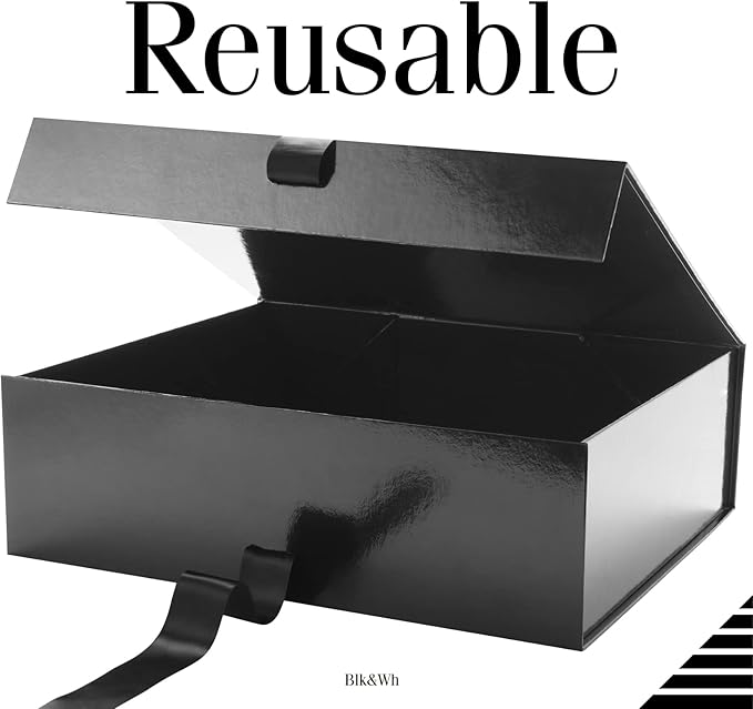 BLK&WH 3 Extra Large Gift Boxes with Ribbon 16.3x14.2x5 Inches, Large Black Gift Boxes with Lids for Presents, Groomsmen Proposal Boxes, Big Gift Boxes for Clothes and Large Gifts (Glossy Black)