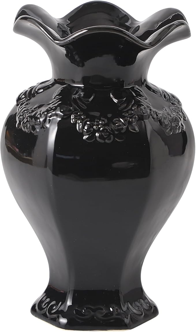 Black Ceramic Vase, Decorative Vase for Modern Home Decor, Farmhouse Minimalist Decor, Boho Flower Vases for Living Room, Bedroom, Kitchen, Dining Table, Office, Wedding, 8.5 Inches