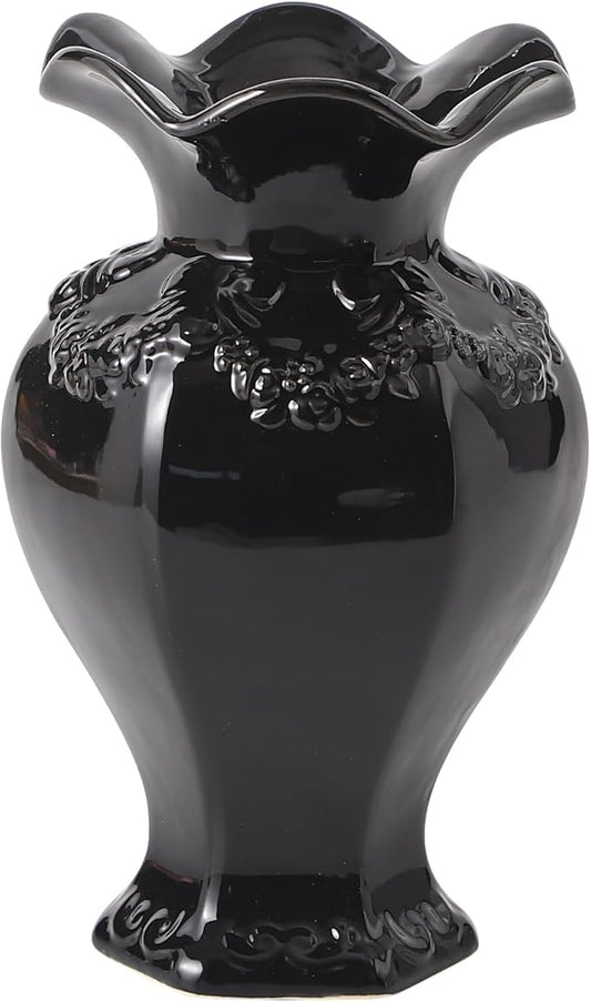 Black Ceramic Vase, Decorative Vase for Modern Home Decor, Farmhouse Minimalist Decor, Boho Flower Vases for Living Room, Bedroom, Kitchen, Dining Table, Office, Wedding, 8.5 Inches