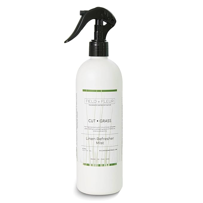 FIELD FLEUR Cut Grass Linen & Room Spray 15.5 oz - Aromatic & Refreshing Bedding & Fabric Mist - Air Freshener for Clothes & Sofas - Notes of Clover, Green Grass, Wisteria & Jasmine - Made in USA