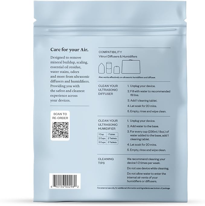 VITRUVI Cleaning Tablets for Diffusers & Humidifiers | Removes Stains & Residue, Prevents Buildup, Enhances Performance | Easy to Use | Made in USA - Pack of 18