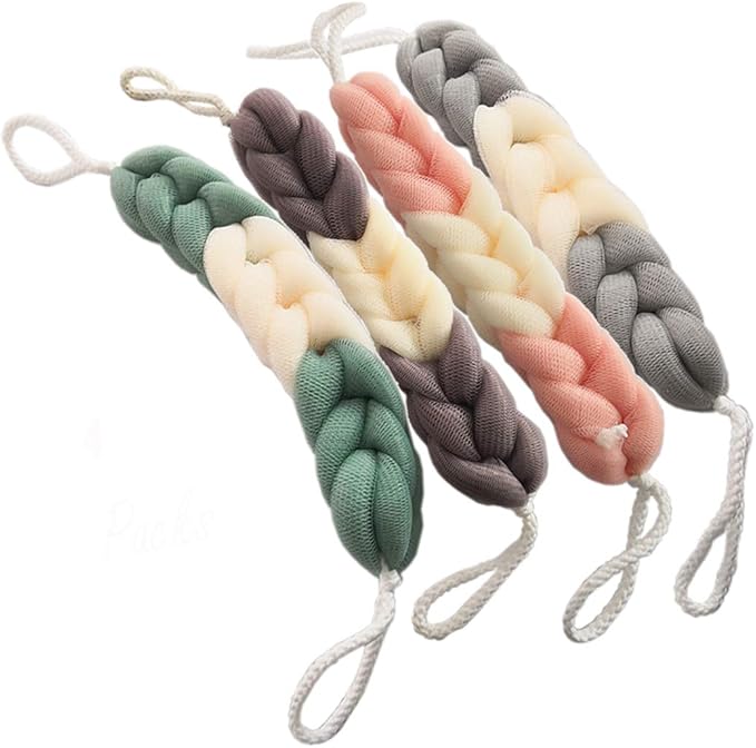 AARainbow 4 Packs Long Stretch Back Sponge with Rope Handles Back Scrubber Bath Shower Mesh Sponge Exfoliating Body Scrub Stretch Braided Loofah for Men and Women (B-1 Grey+1 Green+1 Pink+1 Coffee)