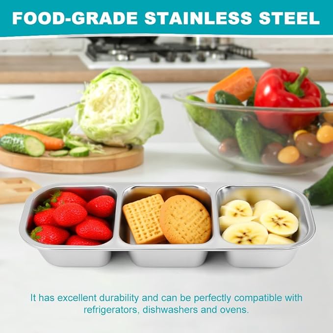 3 Pack Stainless Steel Snack Containers with Lids, 2/3 Compartment Reusable Snackle Box Container, Metal Food Storage Containers Lunch Box Bento Box for Work, Home, Travel