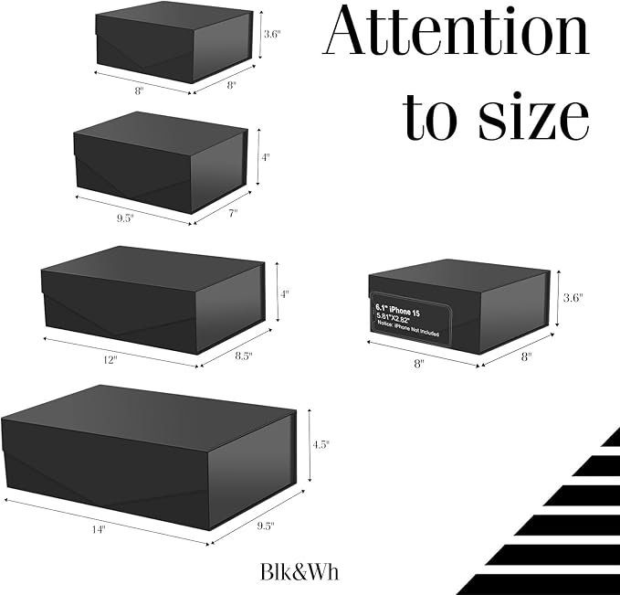 BLK&WH Magnetic Gift Boxes with Lids, Set of 4 Black Presents Boxes Assorted Sizes for Birthday, Wedding, Valentines, Christmas, Party, Baby Showers (Matte Black)