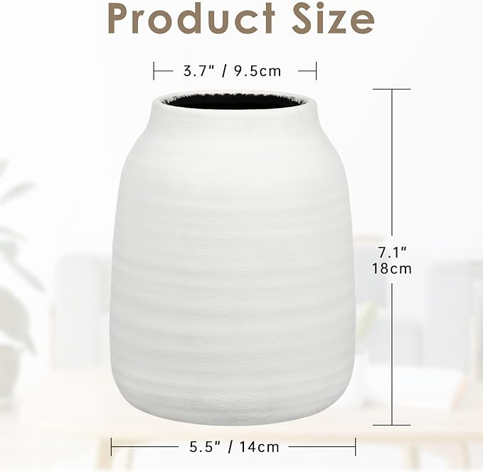 Briful White Ceramic Vase for Dried Flowers – 7.1” Short Ribbed Modern Vase with 3.7” Wide Opening, Minimalist Farmhouse Table Centerpiece, Boho Home Decor for Pampas Grass, Bookshelf & Mantel Styling