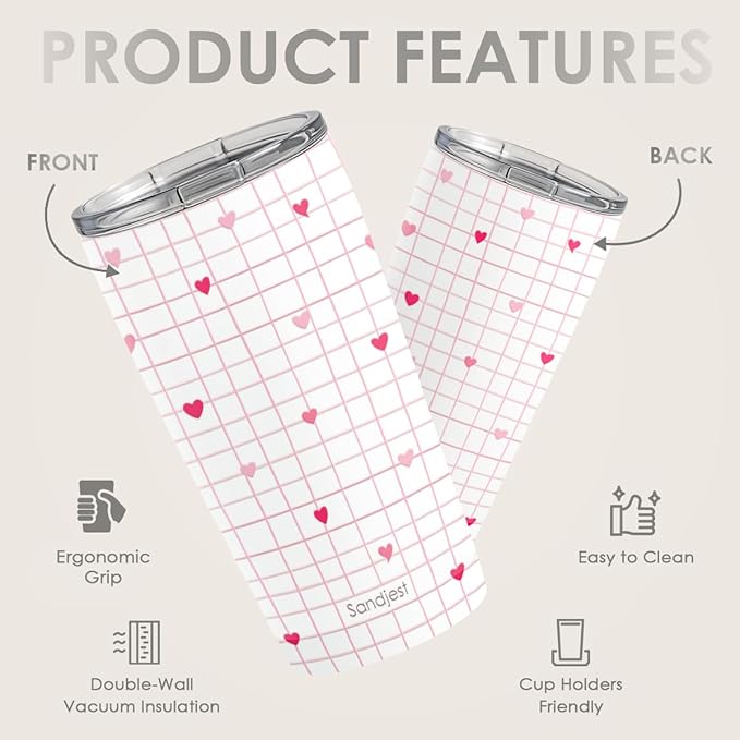 SANDJEST Heart Tumbler 20oz, Stainless Steel Travel Cup with Lid, Insulated Coffee Mug, Heart Gifts for Women Girls Friends Sisters on Birthday Christmas Valentine (Red)