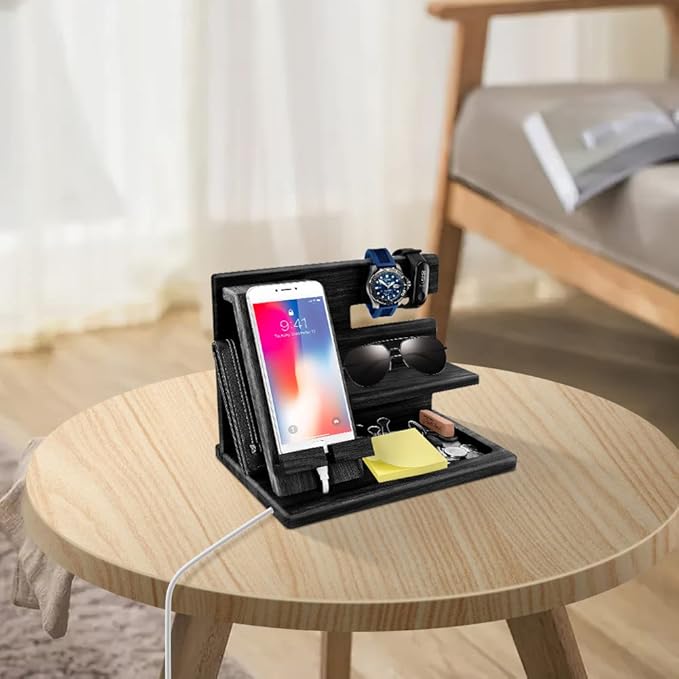 Gifts for Men Christmas, Wood Phone Docking Station, Mens Gifts for Birthday or Gifts for Dad Fathers Day, Desk Workspace Organizer Nightstand Organizer Key for Wallet & Watch Holder Husband Christmas