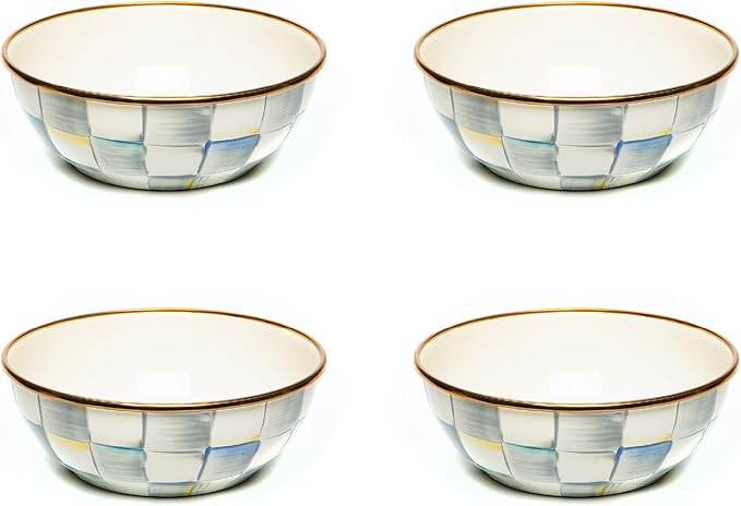 MACKENZIE-CHILDS Enamel Everyday Bowl, Serving Bowl for Entertaining, Extra-Small, Gray-and-White Sterling Check, Set of 4
