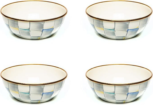 MACKENZIE-CHILDS Enamel Everyday Bowl, Serving Bowl for Entertaining, Extra-Small, Gray-and-White Sterling Check, Set of 4